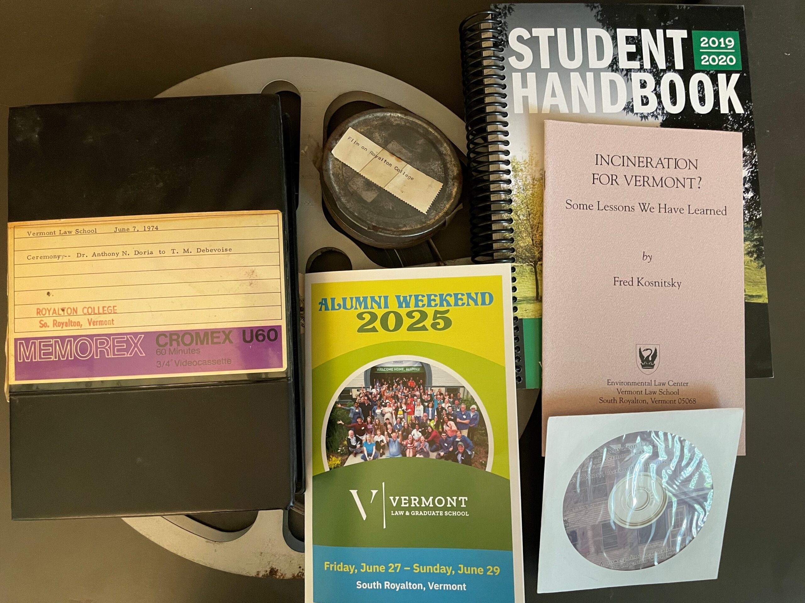 Recent acquisitions to the archive include: 16mm film, 3/4" video tape, student handbook from 2019-2020, a publication on environmental topics in Vermont, a PowerPoint presentation from the South Royalton Legal Clinic, burned onto CD, and a brochure from Alumni Weekend 2025.