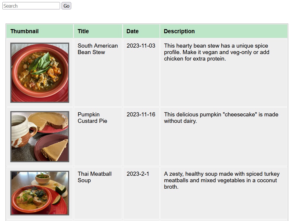 Screen shot of a php-generated page displaying recipe entries from a database
